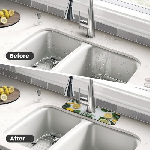 Kitchen Sink Splash Guard Faucet Mat, Lemon Tropical Leaves Diatom Mud Absorbent Draining Mat For Kitchen Sink Bathroom - color: Lemon Tropical Leaves, size: One Size