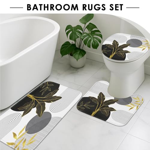 Boho Grey and Gold Shower Curtain Set with Toilet Lid Cover and Non-Slip Rugs, Mid Century Modern Abstract Minimalist Leaves Neutral 4 Pcs Shower Curtain for Bathroom Set with 12 Hooks - color: Retro Grey Gold
