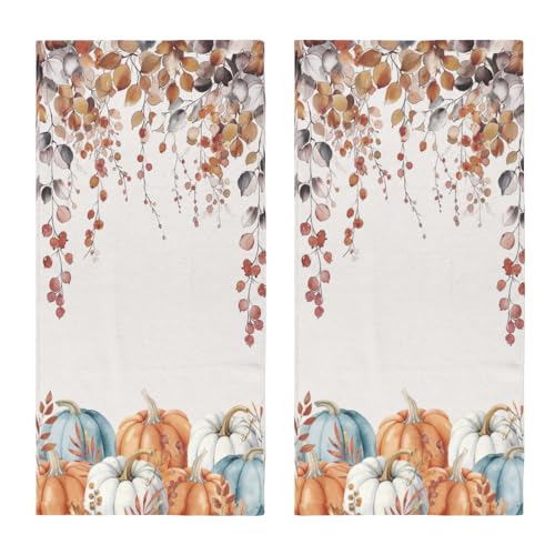 Fall Hand Towels for Bathroom 14.4 x 28.3 Inch Orange Blue Pumpkin Bath Towel Set of 2 Autumn Leaf Hand Towel Thanksgiving Kitchen Towels for Bathroom Hotel Gym Spa Decor - color: Fall Blue