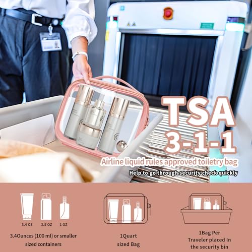 TSA Approved Travel Toiletry Bag,2 Pack Clear Makeup Bags with Handles,Quart Size Clear Cosmetic Bags for Traveling Women,Men,Carry on Airport Airline Compliant Bag,Pink - color: Pink, size: 2 Pack, Medium
