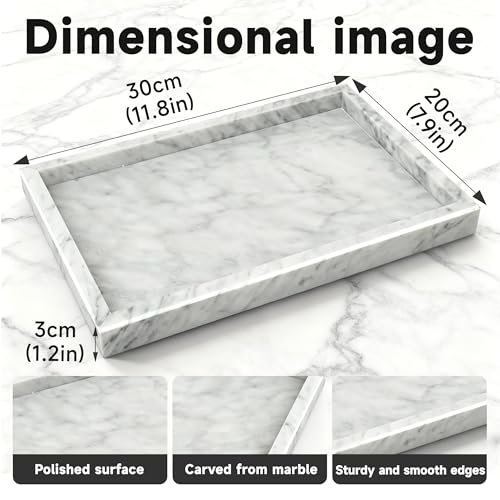 12"x8" Marble Tray White Rectangular Bathroom Tray countertop, Vanity & Kitchen | Includes Mirror Wiper and Wash Towel | Decorative Organizer for Perfume, Jewelry & Home Decor
