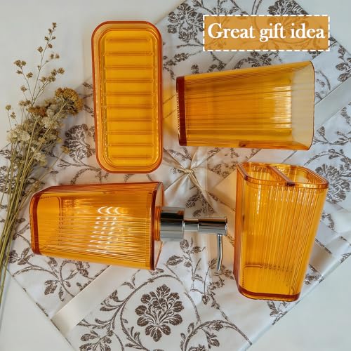 4 Pcs Bathroom Accessory Set Plastic Bathroom Organizer Kit with 13.5oz Soap Dispenser Toothbrush Holder Tumbler Vanity Tray Complete Countertop Bathroom Decor Set(Orange)