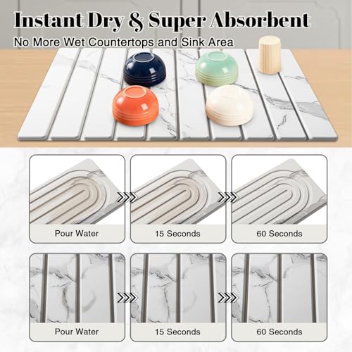 3PCS Set Large Stone Drying Mat for Kitchen Counter Foldable Collapsible Fast Drying Stone Dish Mat Water Absorbing Natural Diatomaceous Earth Bath Mat Quick Dry Stone Tray Bathroom Countertop, Marble - color: Marble White