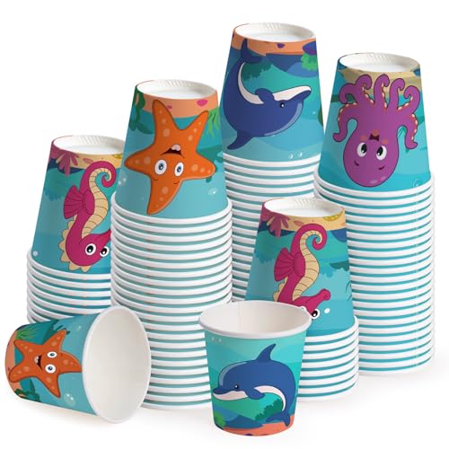 WRAPAHOLIC 3oz Paper Cups - 100 Pack Disposable Bathroom Cups with Seahorse, Dolphin, Starfish and Octopus Design, Small Mouthwash Cup for Toothbrush Rinse, Home Bathroom, Picnic, BBQ and Beach Party - color: Deep Blue Fish 4 Design