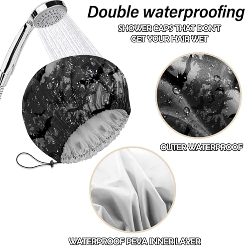 2 PCS Shower Cap Reusable Waterproof Double Layers Hair Caps Shower Bath Adjustable Elastic Hat for Women Girls Cute Aesthetic-Bat - color: AI1-Bat