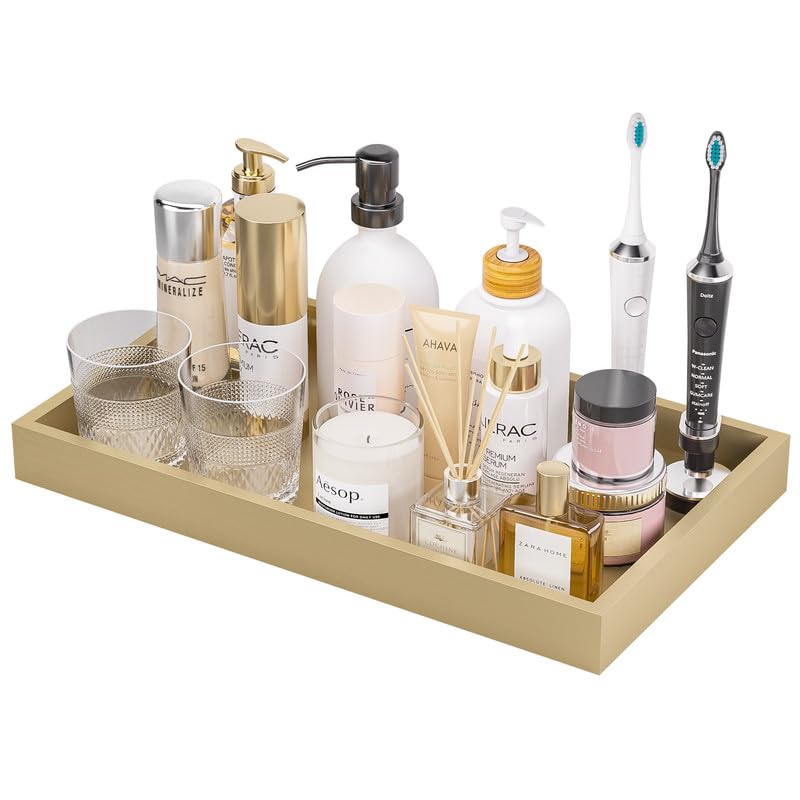 ZHWS Gold Bathroom Vanity Tray for Countertop Perfume Makeup Jewelry Candle Decor, Kitchen Tray for Soap Dispenser Spice Salt, Large Gold Tray for Toilet Tank Paper, Serving Nightstand 13”x6.5” - color: Gold, size: 13" x 6.5" x 1.1"
