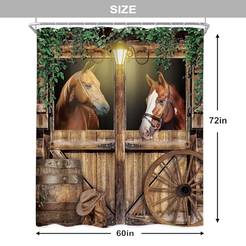Newsely Western Horse Barn Door Shower Curtain 60Wx72H Inch Farmhouse Cowboy Old Wild West Green Leaves Shower Curtain Bathroom Set Wood Stable Wheels Waterproof Bath Decoration Accessories Home Decor - color: D-01horse, size: 60"W x 72"L (Pack of 1)