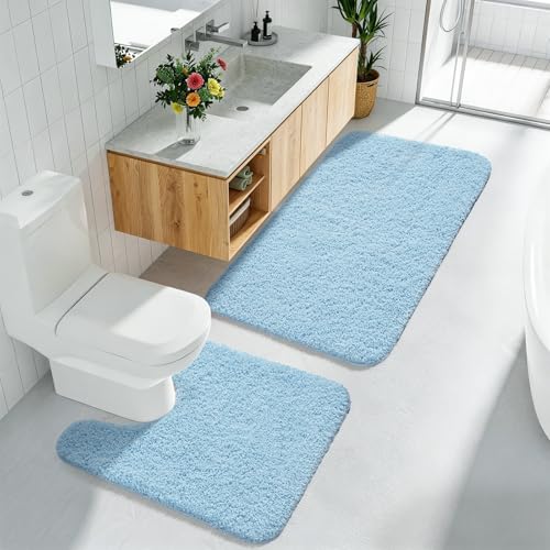 HOMORE Bathroom Rug Set 2 Piece,Soft Absorbent Bath Mats Set,Machine Washable Bath Rug Sets for Bathroom Non Slip,(21"x34"+21"x21") Plush Shaggy U Shape Contour Toilet,Light Blue - color: Light Blue