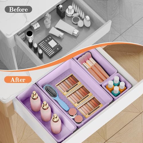 SpaceHacks 25 PCS Plastic Drawer Organizer Set, 4-Size Versatile Organizer Trays & storage Bins for Makeup, Jewelry, and Gadgets in Bathroom, Bedroom and Office, Purple - color: Purple