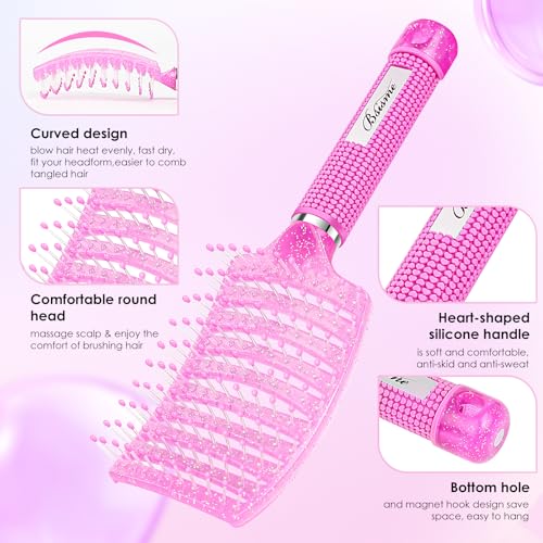 Bsisme Hair Brush with Hair Clips, Vented Brush for Faster Blow Drying | Detangler & Frizz-Free on Women Girls Curly Wet Thick Fine Hair, Ideal Valentine's Day, Mothers Day, Birthday Gift for Her - color: Pinkish Purple