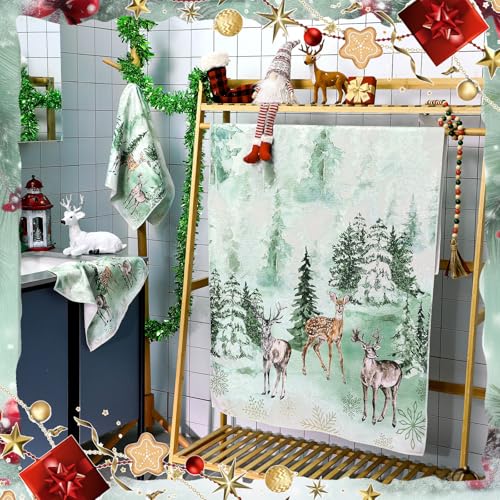 Preboun 3 Pack Winter Bathroom Towels Set Christmas Wonderland Hand Towels for Christmas Bath Snowflakes Dish Decor Reindeer Wash Cloth for Bathroom Kitchen Hotel Beach Gym Spa - color: Green, style: Deer