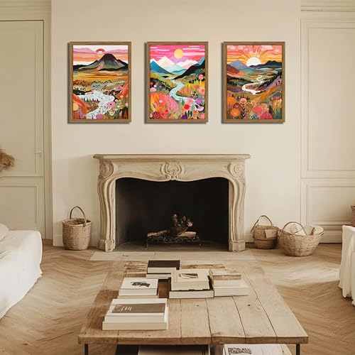 Wood Framed Boho Colorful Landscape Canvas Wall Art Set of 3 - Abstract Mountain Wall Decor Paintings, Nature Floral Poster Prints Aesthetic Home Decor for Living Room Bathroom Bedroom 16x24 inch - color: Colorful Boho, size: 16x24Inch Framed