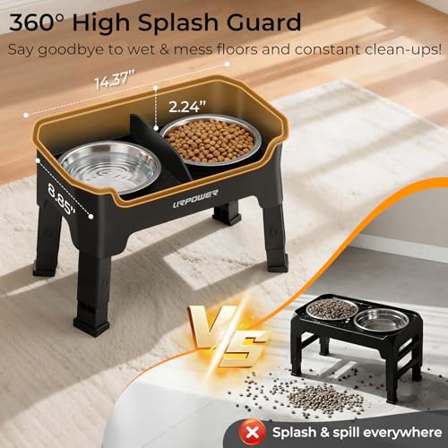 URPOWER Mess Proof Elevated Dog Bowls, High Wall Splash Guard Design, 4 Height Adjustable Raised Bowl Stand, 2 Stainless Steel Bowls, Non-Slip Food Water Set for Small Dogs - color: Black, size: Small