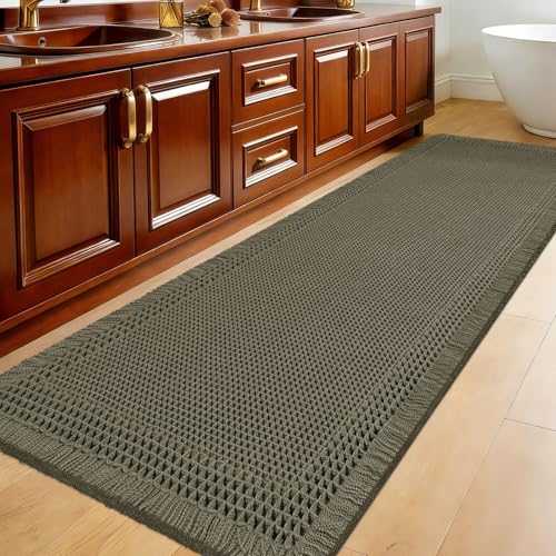 Extra Large Waffle Bath Mat, 5'x2' Greyish Green-Bordered, Super Absorbent Non-Slip Quick Dry Bathroom Rugs with Tassels, Machine Washable Ultra Soft Boho Bath Rugs, Toilet Mats Boho Farmhouse Decor - color: Greyish Green, size: 2' x 5' (Runner)