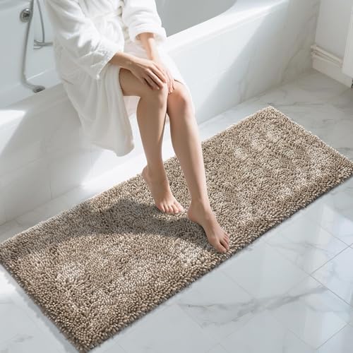 Yimobra Long Bathroom Rugs Runner 60x24 Inch, Extra Thick Soft Absorbent Chenille Bath Mat, Non Slip Machine Washable, Quick Dry Bath Rugs for Bathroom Floor, Tub and Shower, Camel - color: Camel, size: 60" X 24"