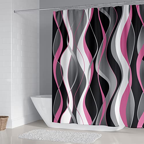 4Pcs Pink Shower Curtain Sets with Non-Slip Rugs, Toilet Lid Cover and Bath Mat, Black and Gray Bathroom Decor Set Accessories Fabric Waterproof Shower Curtains with 12 Hooks, 72 x 76 Inch - color: Pink
