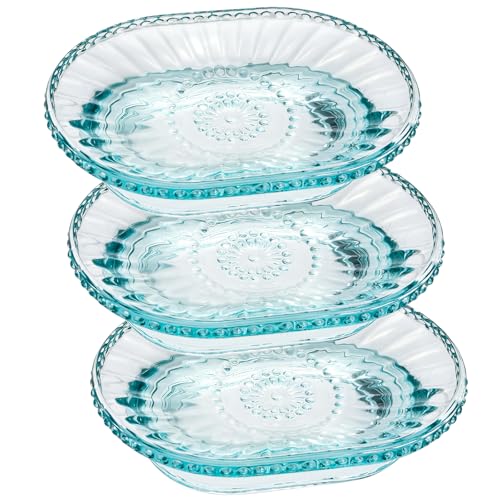 Foraineam 3 Pack Glass Soap Dish, Decorative Embossed Bar Soap Saver Tray Holder for Shower Room, Bathtub, Bathroom Counter, Kitchen Sink