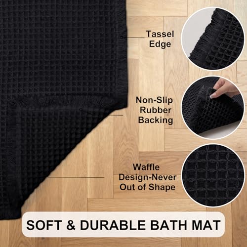 Hiasan Set of 2 Waffle Bath Mat, Super Absorbent Non Slip Bathroom Boho Rug with Tassels, Machine Washable Bath Mats for Bathroom, Ultra Soft Rubber Backed Rug, Black, 16" x 24" + 24" x 48" - color: Black, size: 16" x 24" + 24" x 48"