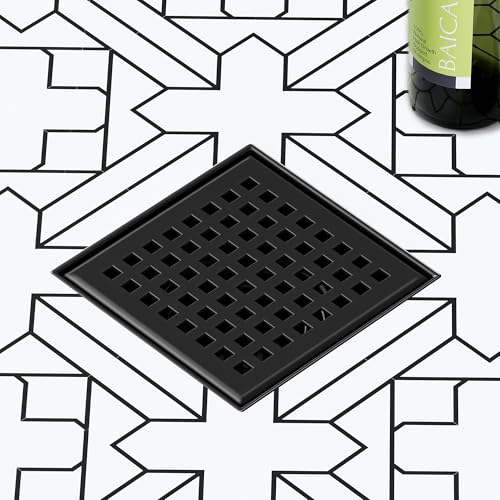 Neodrain Matte Black Square Shower Drain with Removable Quadrato Pattern Grate, 304 Stainless Steel Square Drain, CUPC Certified, with Hair Strainer and Lifting Hook (Matte Black, 4 in) - color: Matte Black, size: 4 IN