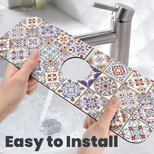 Aquamarine Blue Mexican Tiles 15" X 5.5" Kitchen Sink Splash Guard Faucet Faucet Guard Draining Mat Sink Splash Guard Faucet Kitchen Bathroom - color: Aquamarine Blue Mexican Tiles