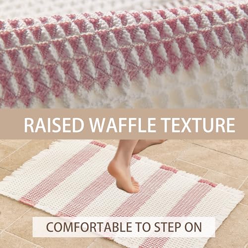 Waffle Bath Mat Non Slip, Boho Bathroom Rug, Super Absorbent Quick Dry Bathroom Mat, Soft Farmhouse Bath Rug with Tassels, Small Washable Shower Mats for Floor 20"x32", White and Pink - color: Pink and White, size: 1'8" x 2'8" (Rectangular)
