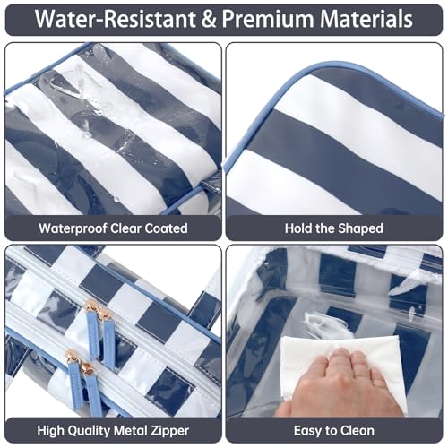 Travel Toiletry Bag for Women, Waterproof Clear Coated Portable Stripe Makeup Cosmetic Bag with Compartment, Travel Organizer for Shampoo, Conditioner, Brushes Set,Cosmetic Accessories(White-Navy) - color: White-Navy