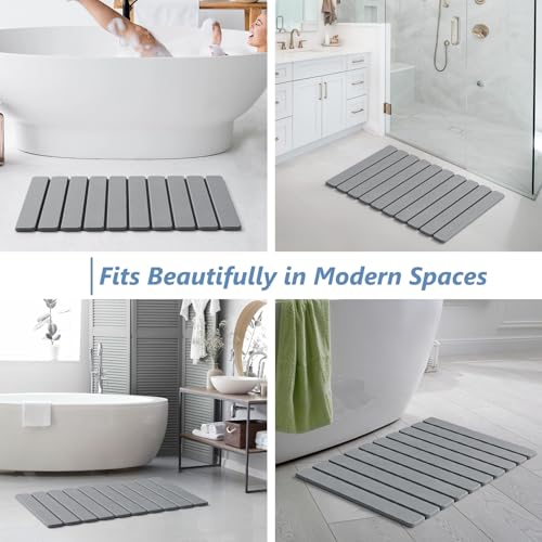 AWW Foldable Stone Bath Mat, Quick Dry Diatomaceous Earth Bath Mat with Non-Slip Mat, Super Absorbent, Easy to Clean, Compact for Small Bathrooms, 23.6 x 15.5, Grey - color: Grey, size: 23.6" x 15.5"