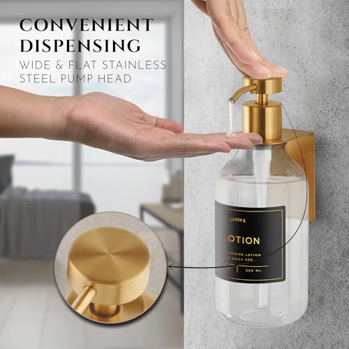 Shower Shampoo Dispenser Wall Mounted – 3 Refillable 16.9 oz Clear Bottles with Stainless Steel Pumps & No-Drill Adhesive Holders – Soap Dispenser Set for Bathroom (3 X Clear/Gold) - color: 3 X Clear/Gold