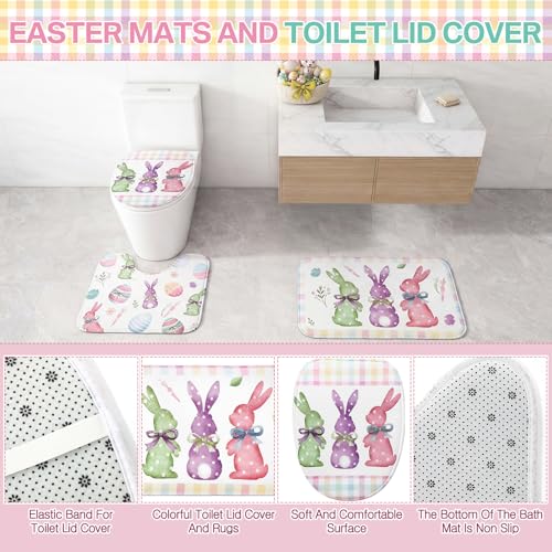 Haull 7 Pcs Easter Shower Curtain Set for Bathroom Bunny Eggs Non Slip Rug Toilet Lid Cover Bath Mat Towels Decor with 12 Hooks Happy Easter Waterproof Shower Curtain for Bathroom Spring Decor Set - style: Easter