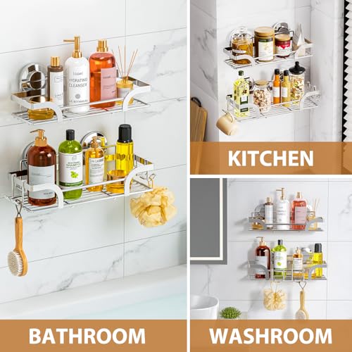 LEVERLOC Shower Caddy Suction Cup 2 Pack, Shower Shelf for Inside, Large Capacity Bathroom Organizers and Storage, Rustproof & Waterproof Metal Bath Basket, No-Drilling, Heavy Duty, Silver - color: 2 X Silver