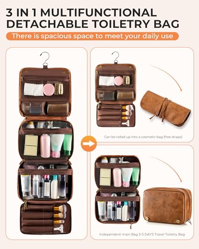 Elviros Hanging Travel Toiletry Bag Gift for Men，Mens Toiletries Bag Gifts Set Shaving Dopp Kit Water-resistant Bathroom Toiletries Organizer PU Leather Cosmetic Bags 2 Pack - color: Brown, size: 2 Pack
