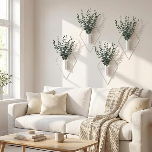 Jexine 4 Pcs Hanging Planters with Artificial Eucalyptus Metal Hanging Vase Indoor Plants Holder Modern Geometric Boho Bathroom Wall Decor for Living Room Home Office (Eucalyptus,White) - color: White, size: Eucalyptus
