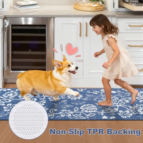 LOKHOM Boho Kitchen Rugs Sets of 3, Non Slip High-Low Textured Kitchen Mats for Floor with Rubber Backing, Paisley Floral Washable Carpet Runner for Hallways Entryway Laundry Sink (Denim Blue & White) - color: Denim Blue, size: 24"x35"+24"x48"+24"x60"