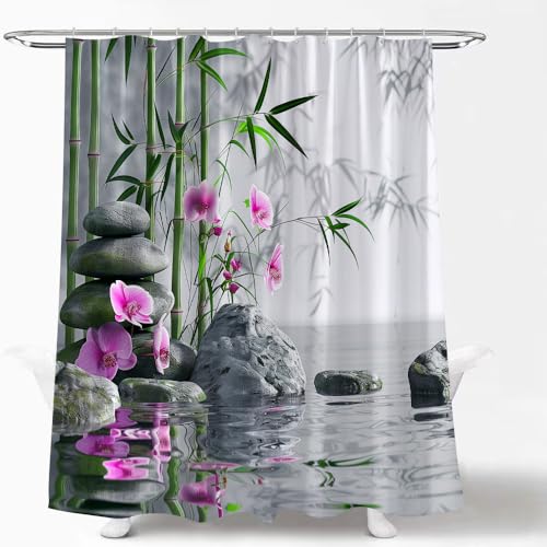 Spa Shower Curtain Flower Green Plants Zen Stone Spring Relax Fabric Bathroom Decor Sets with Hooks