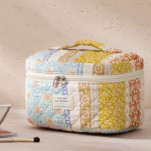 HBselect Quilted Makeup Bag, 3PCS Cotton Large Travel Makeup Bag, Cute Floral Coquette Make up Bag Cosmetic Bag Toiletry Bag for Women Girls - color: A-3PCS-Floral 36