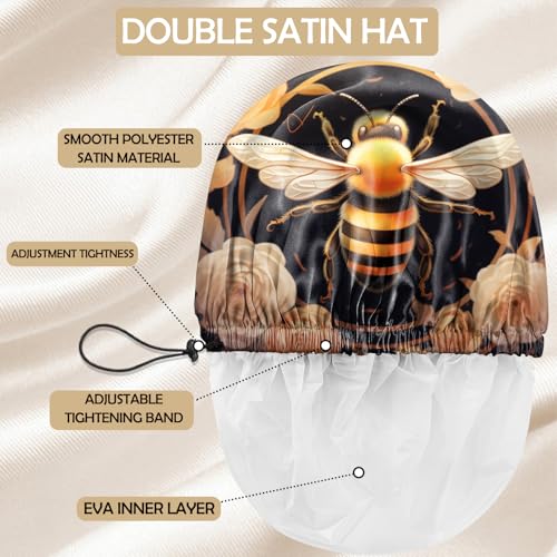 2 PCS Shower Cap Adjustable Reusable Double Waterproof Layer Elastic Hair Bath Cap Cute Aesthetic for Women Girls-Cat Bee - color: I12-Cat Bee