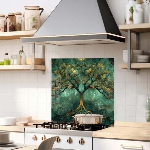 Bold Grup Tempered Glass Kitchen Backsplash, Stove Back Cover, Range Protector, Splash Guard for Sink, Emerald Tree of Life Wall Art Decor, Cutting Board - size: 25.5''W x 12''H