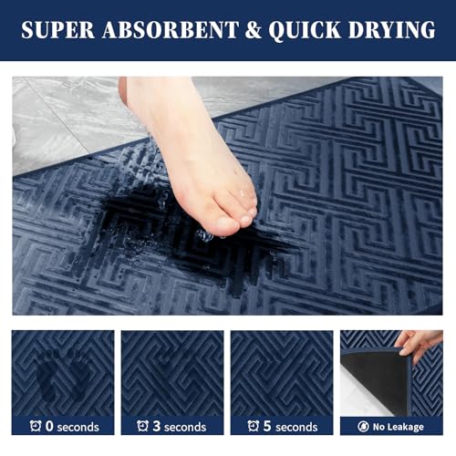 YIHOUSE Navy Blue Bathroom Toilet Rugs 17.5"x24"U, Quick Dry Non Slip Bath Rug, Absorbent Machine Washable Thin Bath Mat for Restroom Floor Tub Laundry Room Home Decor - color: Navy Blue, size: 1'6" x 2' (U-Shape)