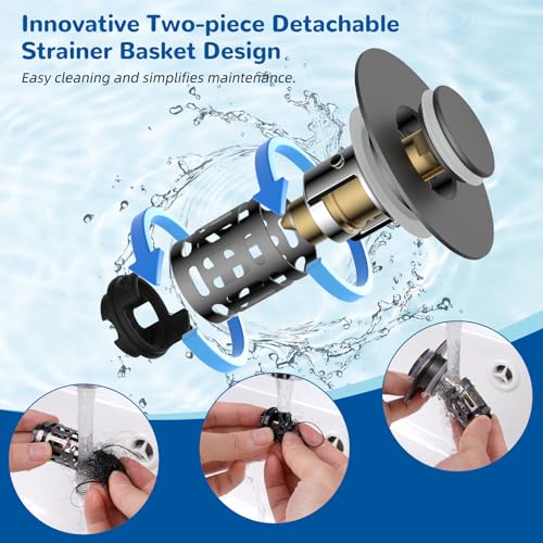 Hibbent Upgraded 3 in 1 Bathroom Sink Drain Strainer, Universal Pop Up Stopper with Removable Stainless Steel Filter Basket Hair Catcher, Sink Plug for 1.1''~2.36'' Basin, Brass Bullet Core, Grey - color: Gray
