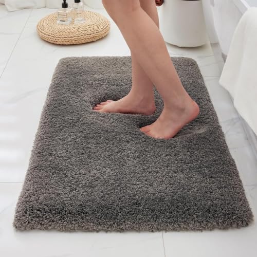 Bathroom Rugs Non Slip Washable, Ultra Thick Soft Microfiber Absorbent Bath Mats, High Density Foam Latex Non Slip Backing Bath Rugs, Fluffy Floor Carpet for Tub&Shower 24x17, Darkgrey - color: Dark Grey, size: 24" X 17"(Small Bathroom Rug)
