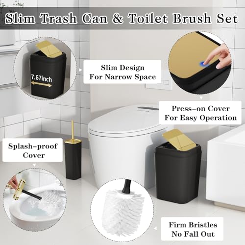 Bathroom Set - 11PC Bathroom Accessory Set, Bathroom Accessories Set, Black Bathroom Set, Push-lid Trash Can, 3PC Soap Dispensers, Toilet Brush & Q-tip Holders - color: Black & Gold, size: Bath Set