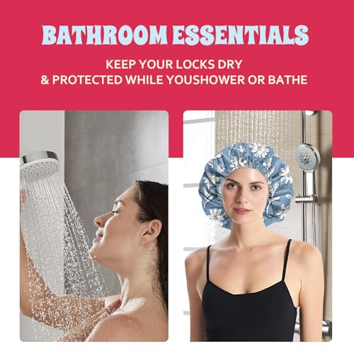 Luxury Shower Cap Satin Lined Reusable Waterproof Double Layer Elastic Adjustable Hair Bath Cap Cute Aesthetic Women Girls-Bule - color: F16-Bule