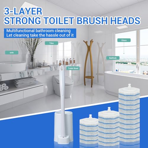 50 Pack Disposable Toilet Brush Refills, Universal Compatible Replacement Heads, 3-Layer Deep Cleaning Sponges for Bathroom Wand, Blue & White Striped Scrubbers - color: 50