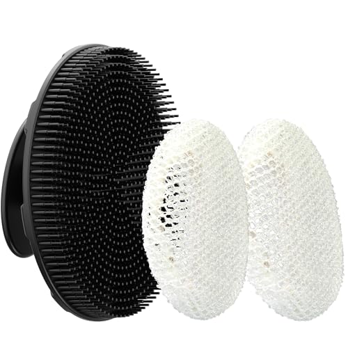 INNERNEED Food-Grade Soft Silicone Body Scrubber Shower Brush Handheld Cleansing Skin Brush, with Exfoliating Net Sponge Case (Black Brush) - color: (Set5) Blackcase