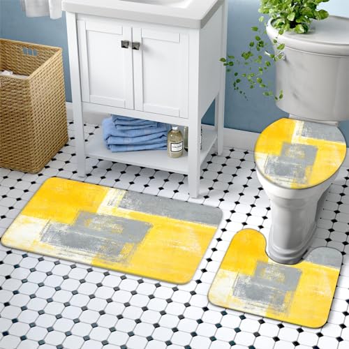 Lnond 4Pcs Bathroom Shower Curtain Sets with Rugs,Yellow and Grey Painting Art Bathroom Sets with Shower Curtain and Rugs and Accessories - color: Yellow Grey Abstract-01