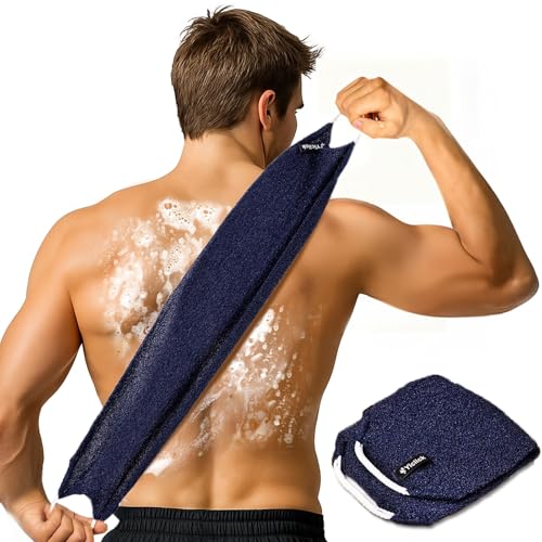 Yiclick Exfoliating Washcloth Towel with Handle, Back Scrubber for Shower, Exfoliating Body Scrubber Exfoliator, Japanese Wash Cloth for Body Scrub, Bath Sponge Loofah Luffa Washer Exfoliator - color: Blue