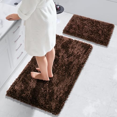 Yimobra Bathroom Rug Set 2 Piece, Luxury Shaggy Bath Mat Set with Non Slip Backing, Ultra Soft & Absorbent Mats for Bathroom Floor, Machine Washable, 44"x24"+24"x17", Brown - color: Brown, size: 24x17 + 44x24 Inch