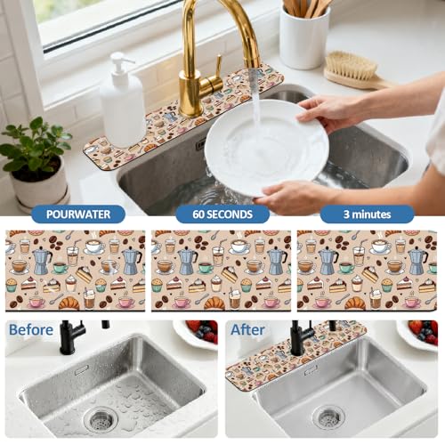 2 Pcs Kitchen Sink Splash Guard Faucet Mat Various Drinks Pattern Faucet Mat for Sinks coffee Graffiti Absorbing Drying Mats for Kitchen Bathroom, 23.6x5.5inch - color: Various Drinks Pattern