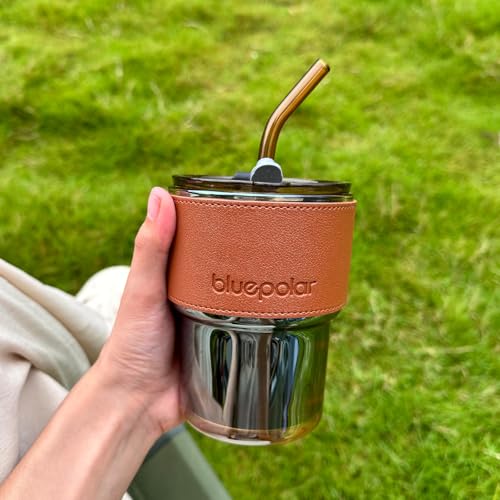 BLUEPOLAR 13oz/400ml Tumbler Water Glass, Cups with Straw and Lid Sealed Carry on for Coffee, Iced Tea, Thick Wall Insulated Glass Cup (Amberwith Protect Sleeve) - color: Amber with sleeve