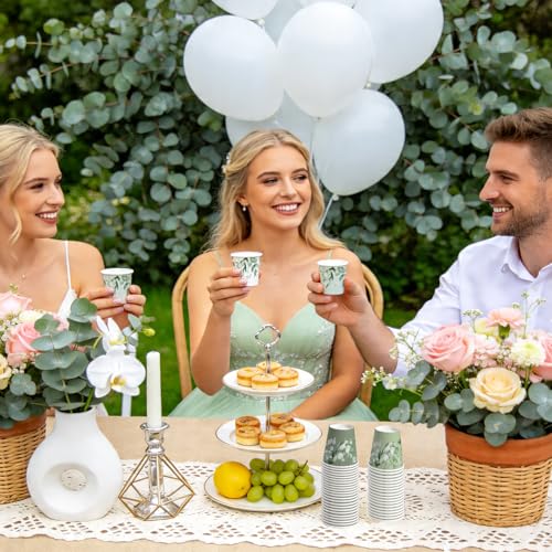 WRAPAHOLIC 3oz Eucalyptus Leaves Paper Cups - 100 Pack Disposable Bathroom Cups with Green Eucalyptus 4 Designs, Small Mouthwash Cup for Toothbrush Rinse, Home Bathroom, Baby Shower and Wedding - color: Green Eucalyptus Leaves